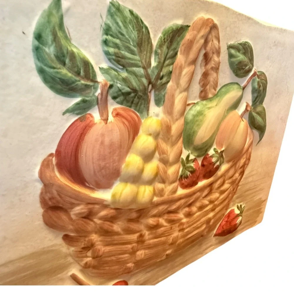 Vintage Ceramic Fruit Basket Wall Plaque 3D Relief Hand Painted Farmhouse 12x9